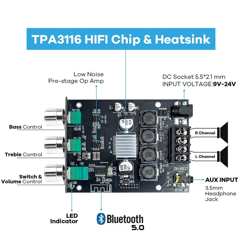 Hosyond ZK-502T 100W لوحة مضخم صوت بلوتوث 5.0 مع تحكم في الترددات العالية والمنخفضة، TPA3116D2 50Wx2، لوحة مضخم بلوتوث لمكبرات الصوت السلبية المنزلية - Image 2